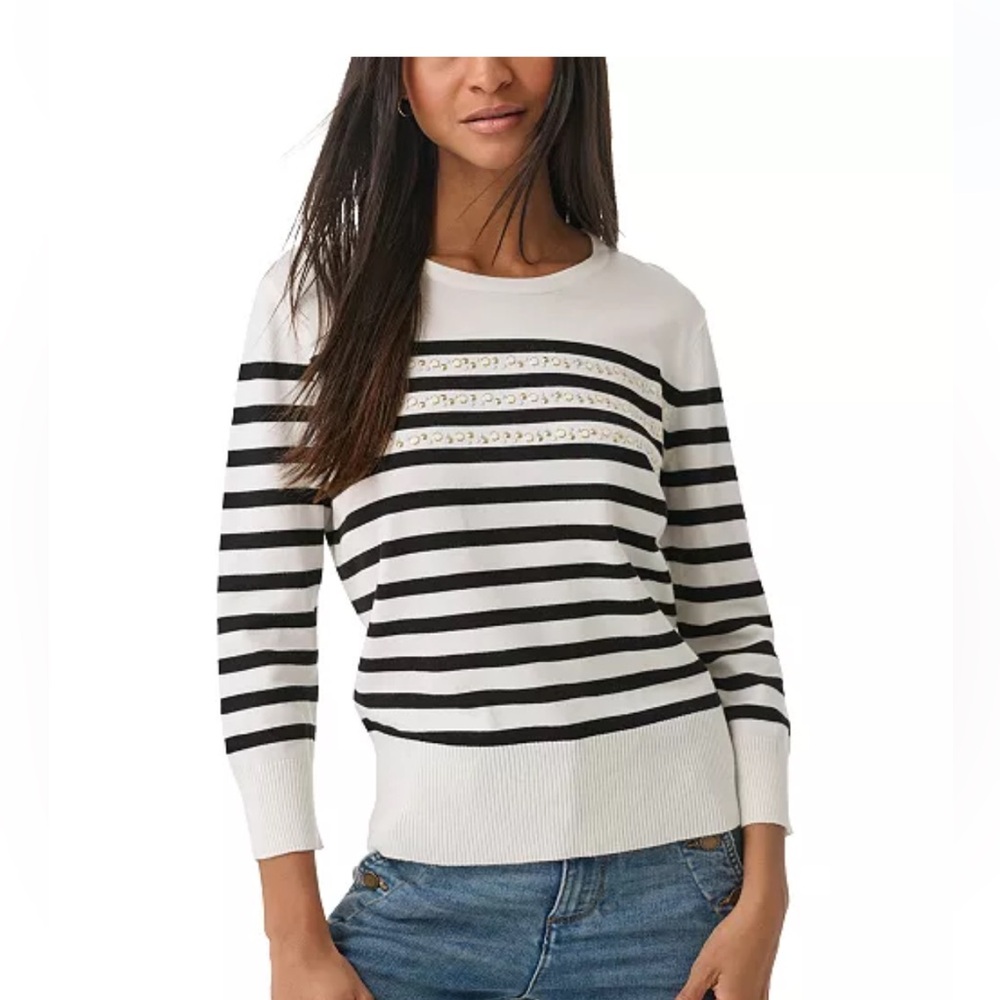 KARL LAGERFELD EMBELLISHED BLACK AND WHITE STRIPE CREWNECK SWEATER SIZE SMALL